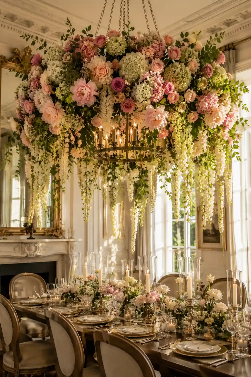 Luxurious hanging flower chandelier overflowing with roses, peonies, hydrangeas, cascading greenery, and elegant floral arrangements suspended above a beautifully styled dining table.
