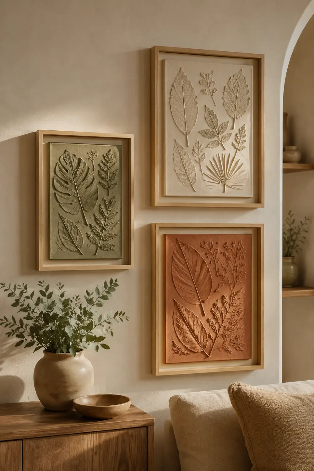 Framed clay leaf impression wall art featuring detailed botanical textures in sage green, ivory, and terracotta finishes displayed as a gallery wall above a wooden cabinet in a modern neutral interior.