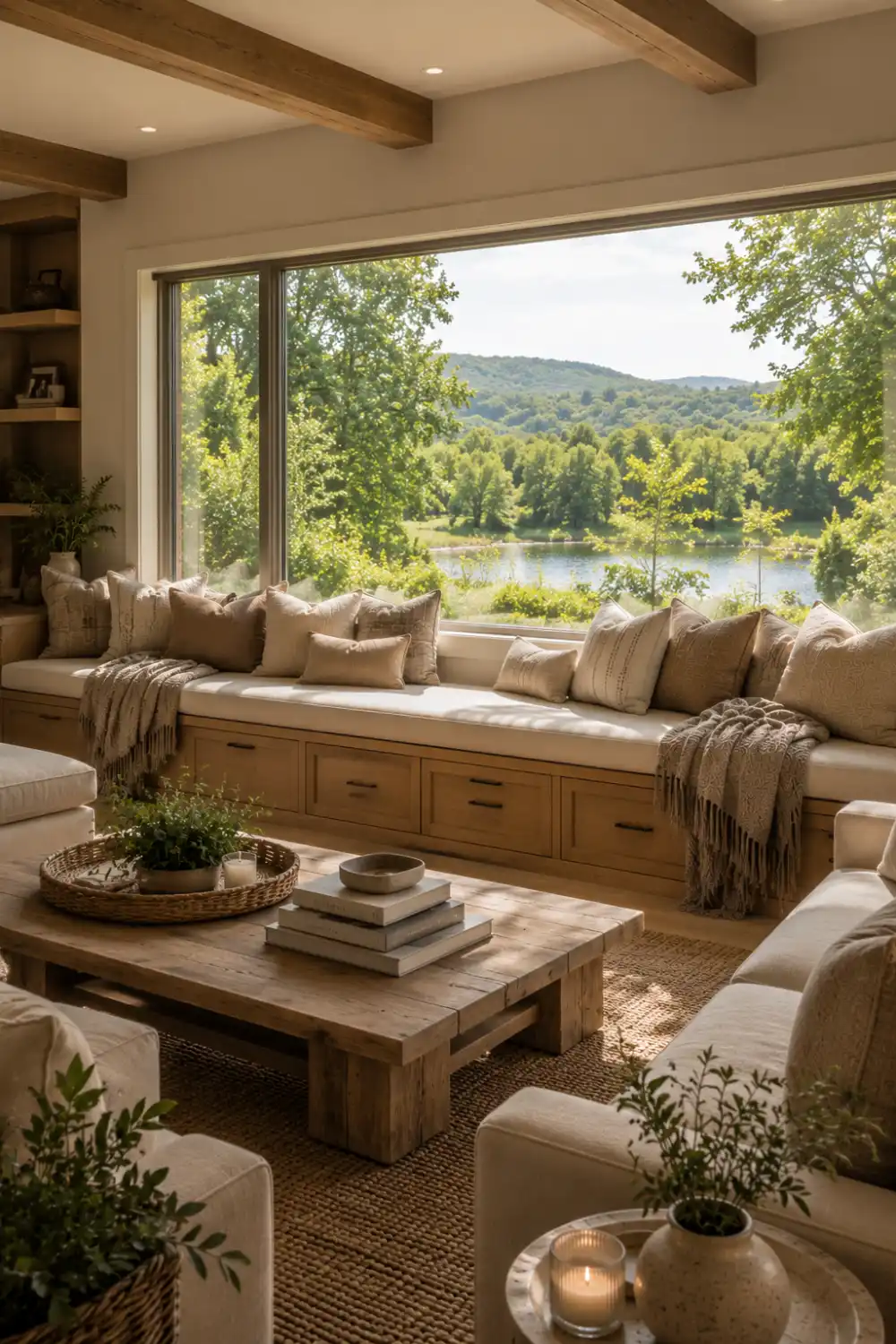 Large double window seat with built in storage drawers, oversized cushions, layered throw pillows, panoramic nature views, and warm neutral decor. Family friendly seating area designed for comfort, relaxation, and beautiful everyday living.