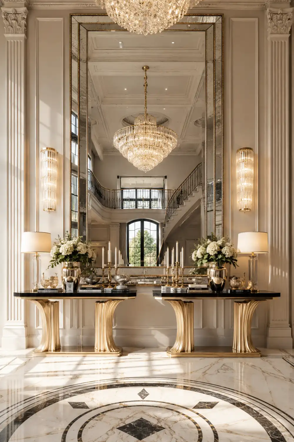 Double console table entryway featuring symmetrical styling, oversized mirror, floral arrangements, elegant lamps, marble flooring, grand chandelier, and luxury mansion foyer design.