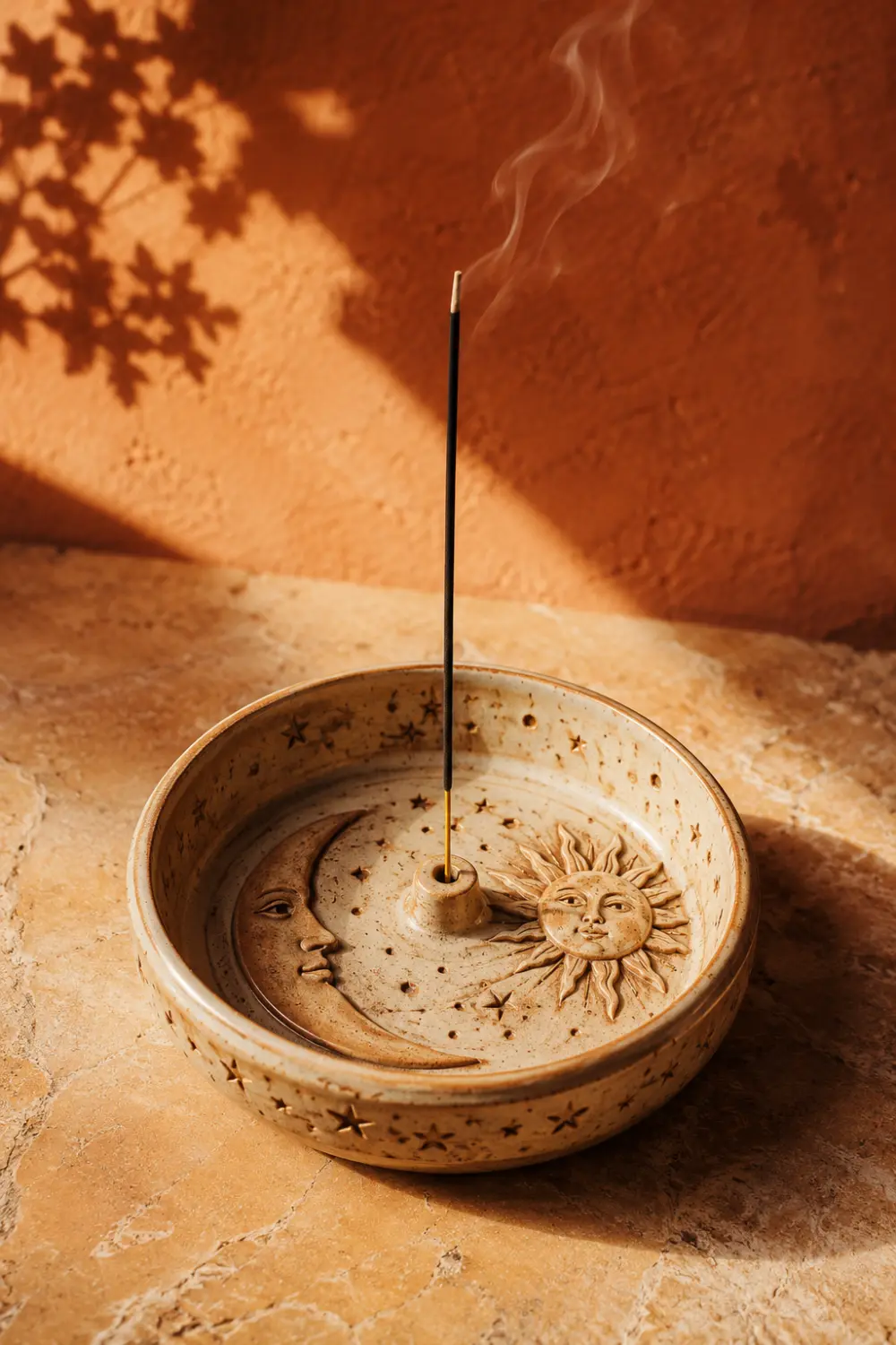 Handmade boho clay incense holder featuring celestial sun and moon designs with burning incense. Beautiful pottery decor for meditation spaces, bohemian homes, wellness rooms, and relaxing interior styling ideas.
