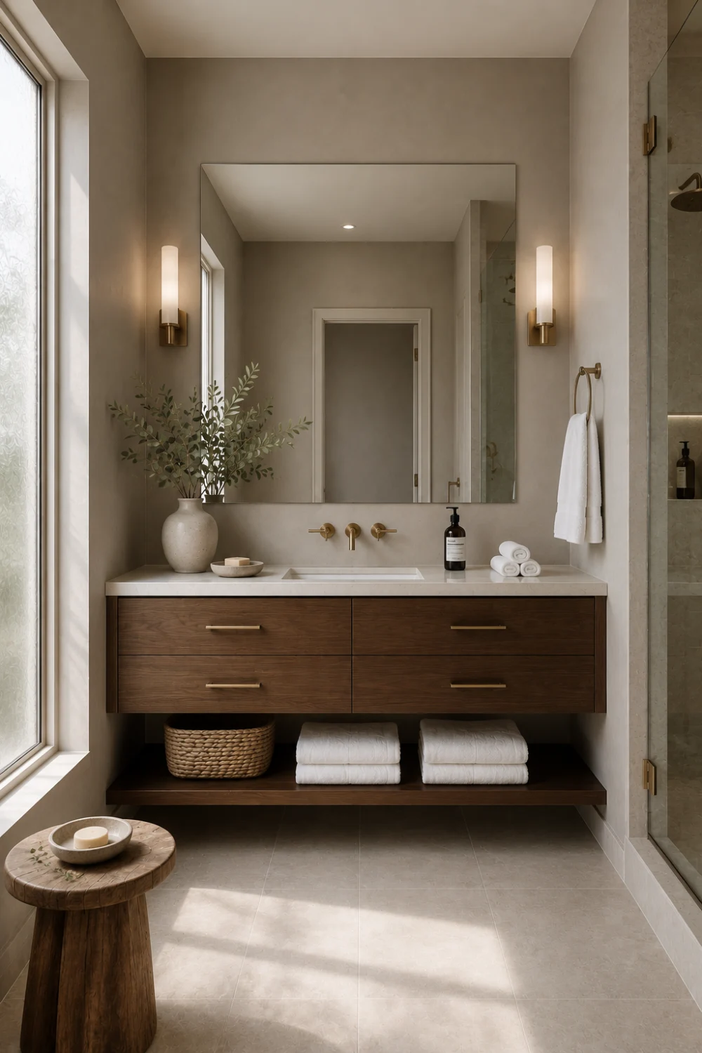 Light taupe bathroom paint color with dark wood vanity, brass fixtures, neutral wall color, luxury bathroom decor, and modern bathroom design