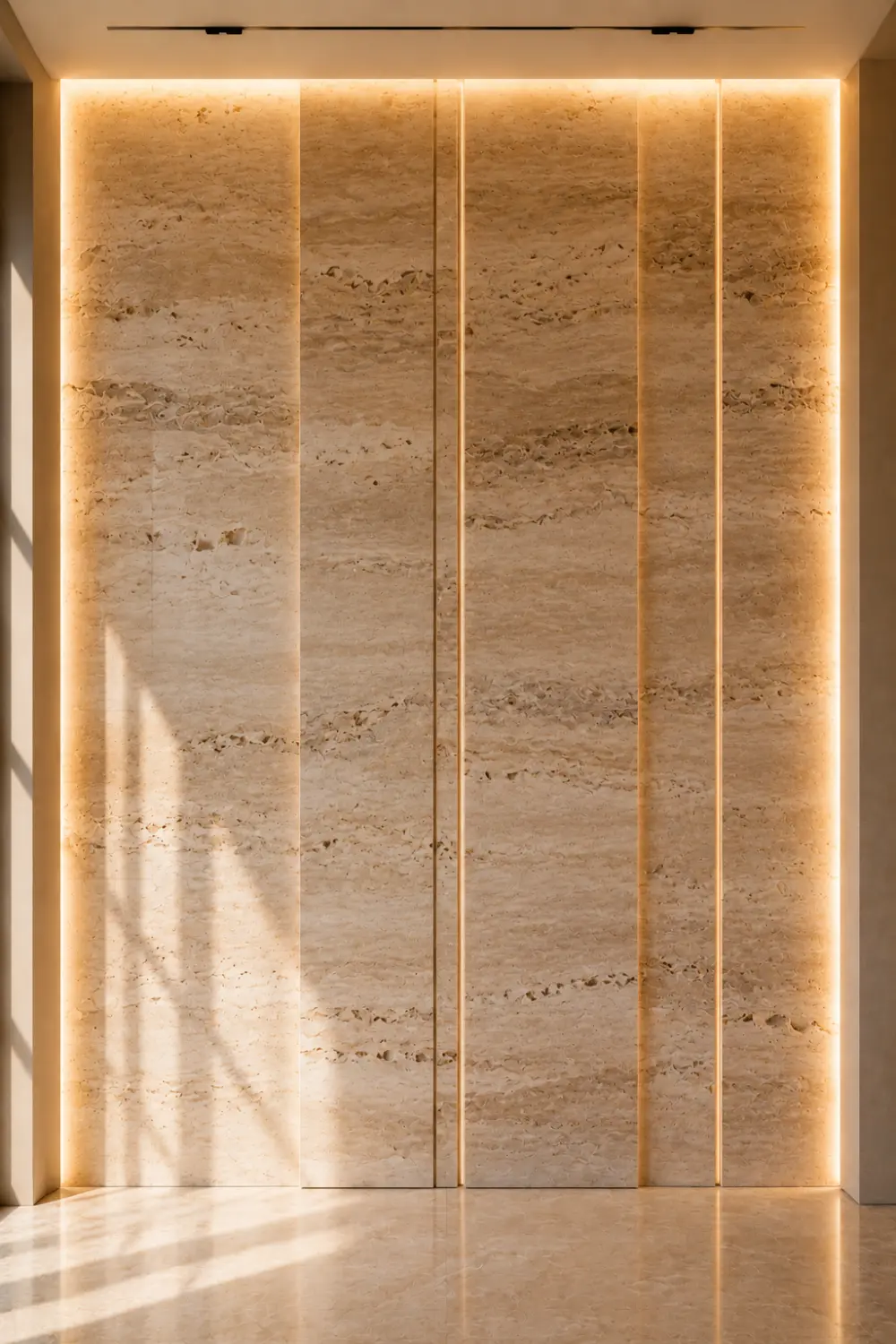 Natural travertine stone accent wall with hidden LED backlighting, luxury stone feature wall, warm neutral interior design, contemporary architectural wall treatment, elegant modern home inspiration.