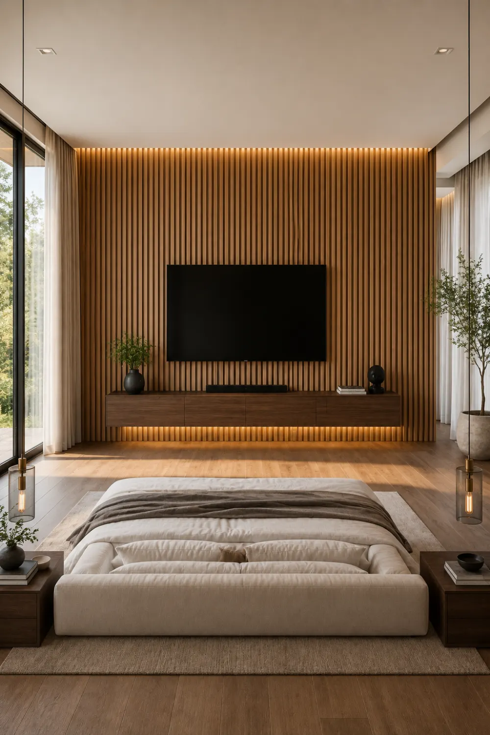 Floor to ceiling wood slat bedroom TV wall with floating cabinet, natural oak finishes, warm lighting, contemporary bedroom decor, modern TV feature wall, elegant wood panel design, and luxury bedroom inspiration.