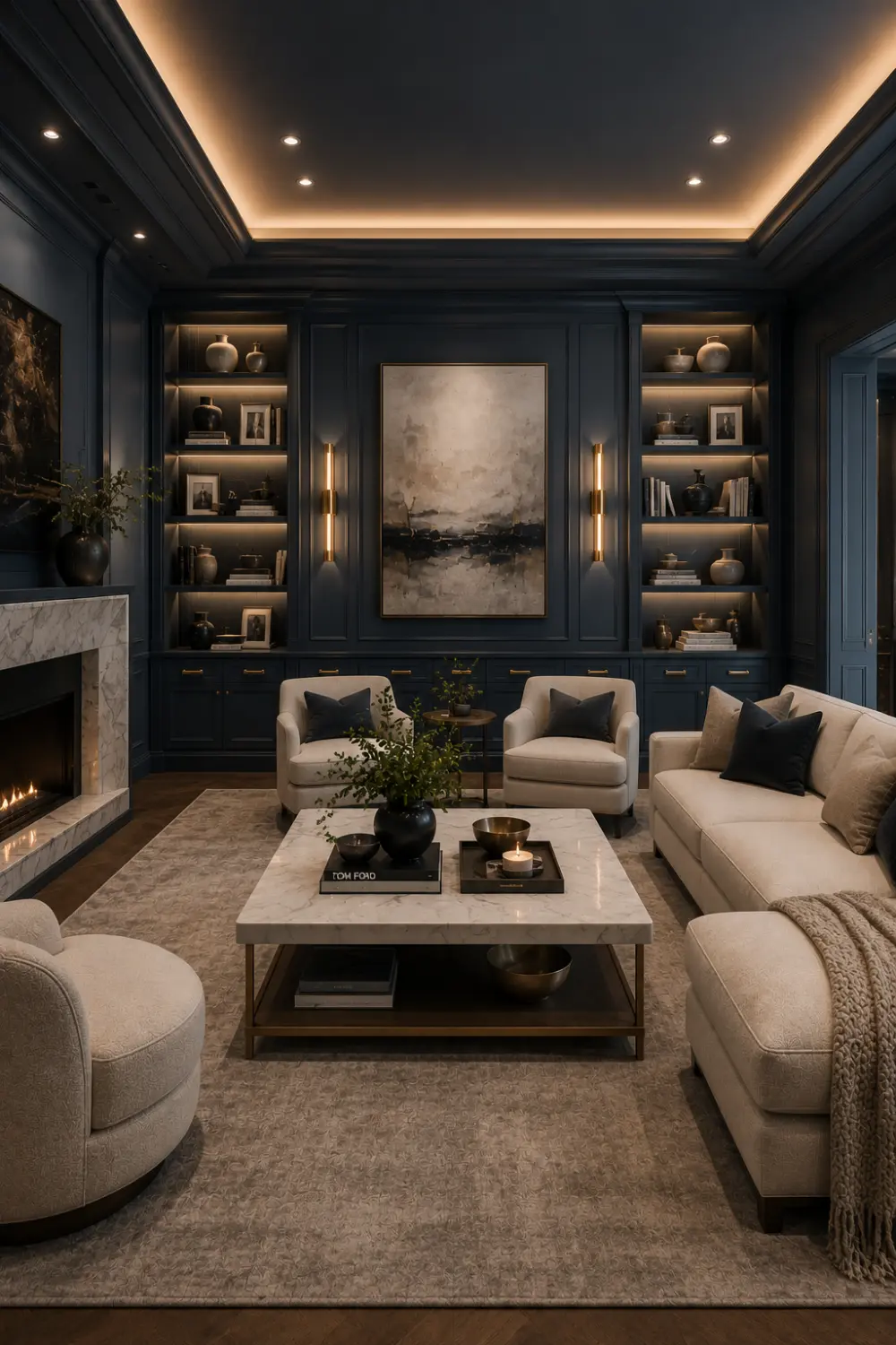 Slate Blue living room featuring elegant blue gray walls, cream furniture, marble coffee table, built in shelving, brass sconces, fireplace, and timeless luxury home decor styling.