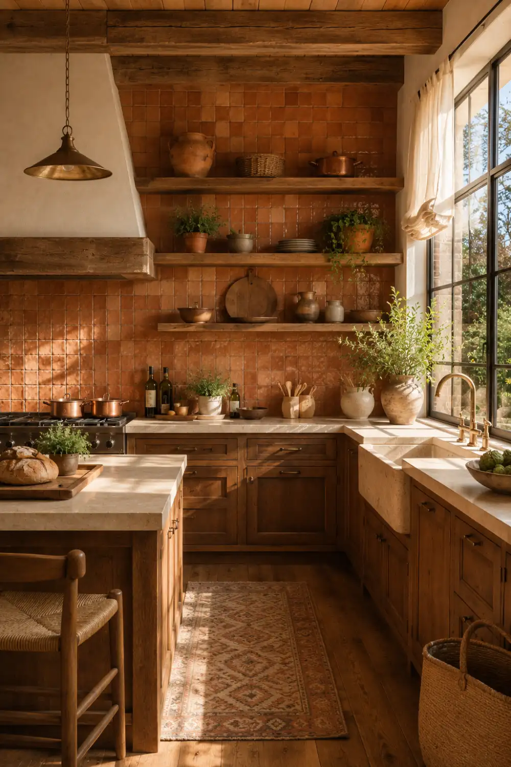 Rustic terracotta kitchen backsplash featuring handcrafted earthy ceramic tiles, rich walnut cabinetry, reclaimed wood shelves, farmhouse sink, brass fixtures, linen accents, clay pottery, and warm golden sunlight. This cozy Mediterranean inspired kitchen combines natural textures with timeless rustic elegance for a welcoming family space.