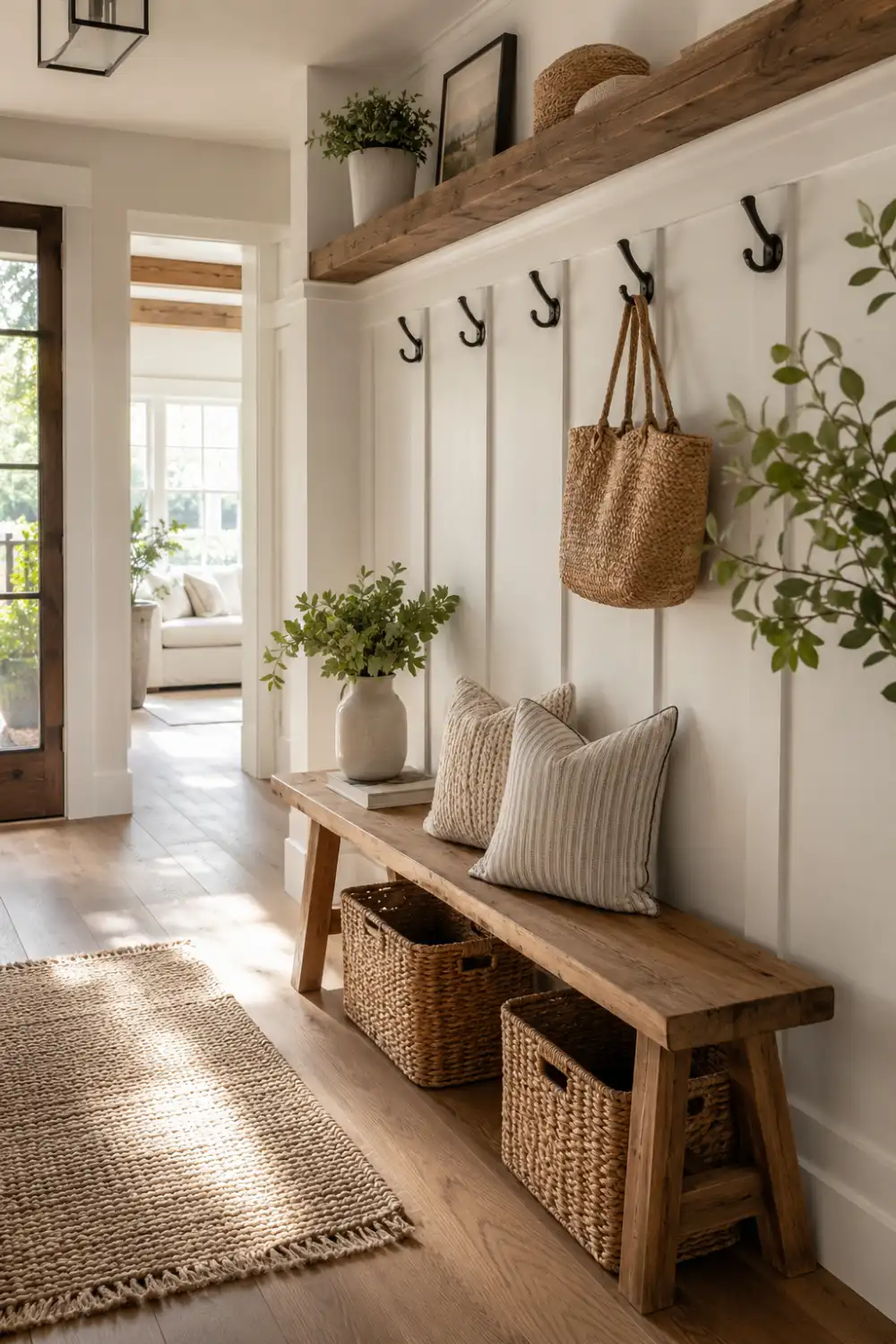 Board and batten wainscoting in a farmhouse entryway featuring white wall panels, rustic wood bench, woven baskets, decorative hooks, indoor greenery, and cozy modern farmhouse décor.