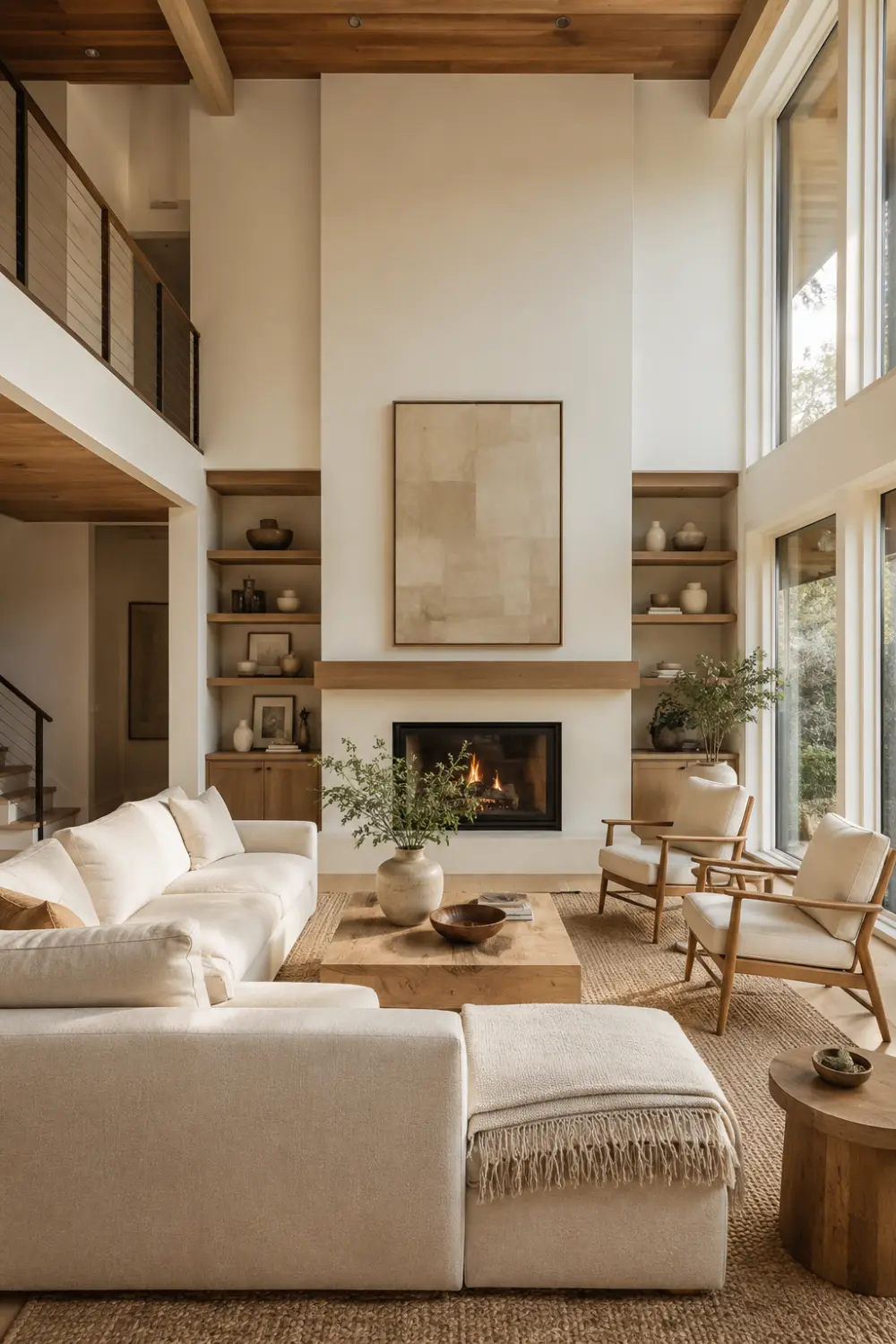 Elegant neutral living room with personal decor accents, framed artwork, decorative shelving, cozy fireplace, soft furnishings, wood furniture, and thoughtfully styled home accessories.