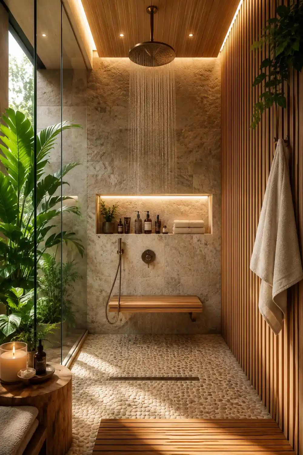 Spa-inspired wood and stone shower with pebble flooring, wood slat walls, rainfall showerhead, floating bench, and natural bathroom decor.