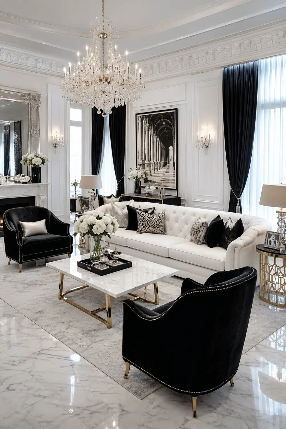 Luxury glam black and white living room with crystal chandelier, velvet chairs, marble flooring, tufted sofa, and elegant decor.
