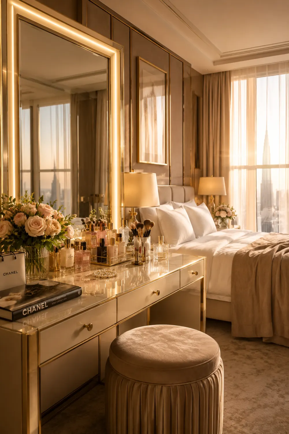 Hotel suite inspired dressing table with illuminated mirror, gold accents, luxury beauty products, fresh flowers, velvet stool, designer decor, and elegant five-star bedroom interior with city views