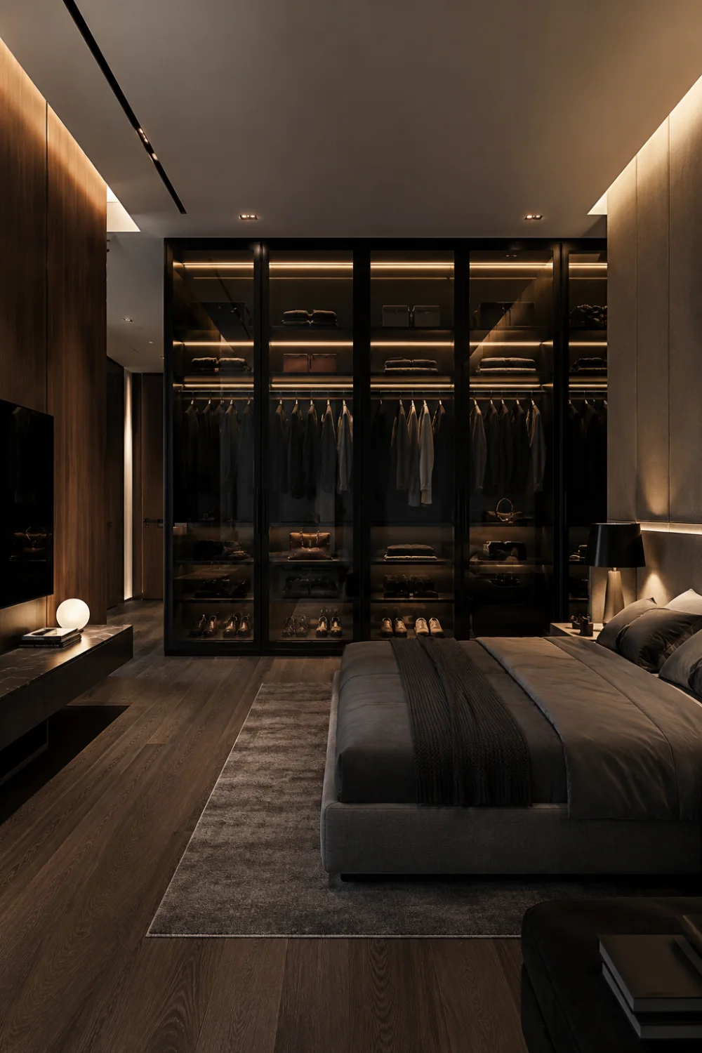 Dark contemporary glass wardrobe with black-framed doors, warm LED lighting, premium clothing storage, dark wood finishes, and a modern luxury bedroom interior.