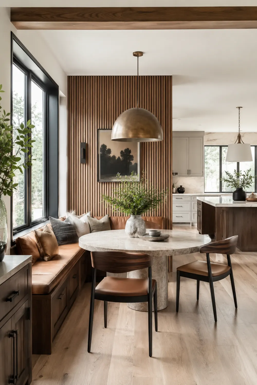 Built-in storage bench breakfast nook featuring caramel leather seat cushions, vertical wood slat accent wall, round stone dining table, bronze pendant light, hidden storage drawers, and luxury contemporary styling.