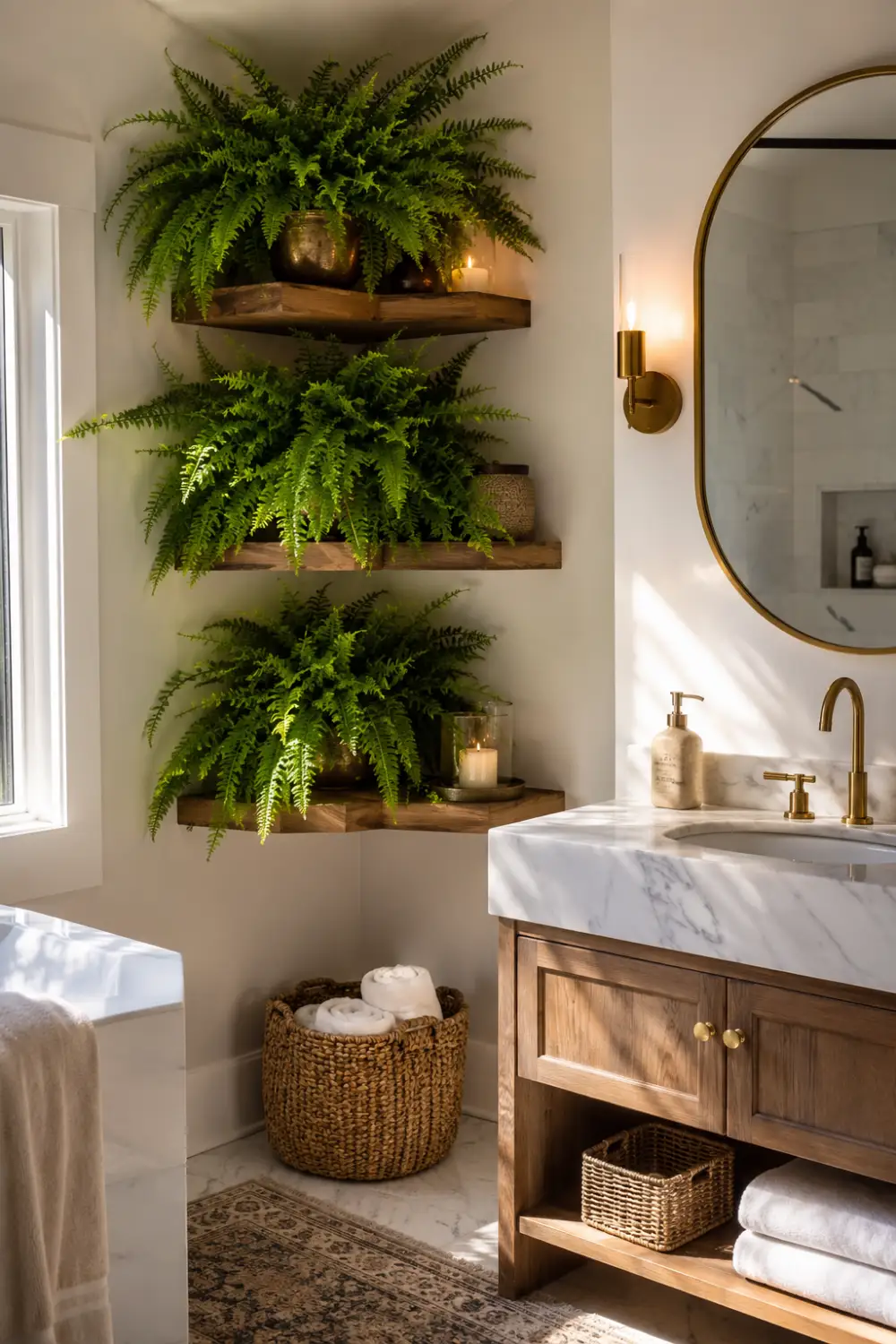 Bathroom corner shelves overflowing with lush green ferns, wooden floating shelves, marble vanity, brass fixtures, candles, and elegant spa-inspired decor