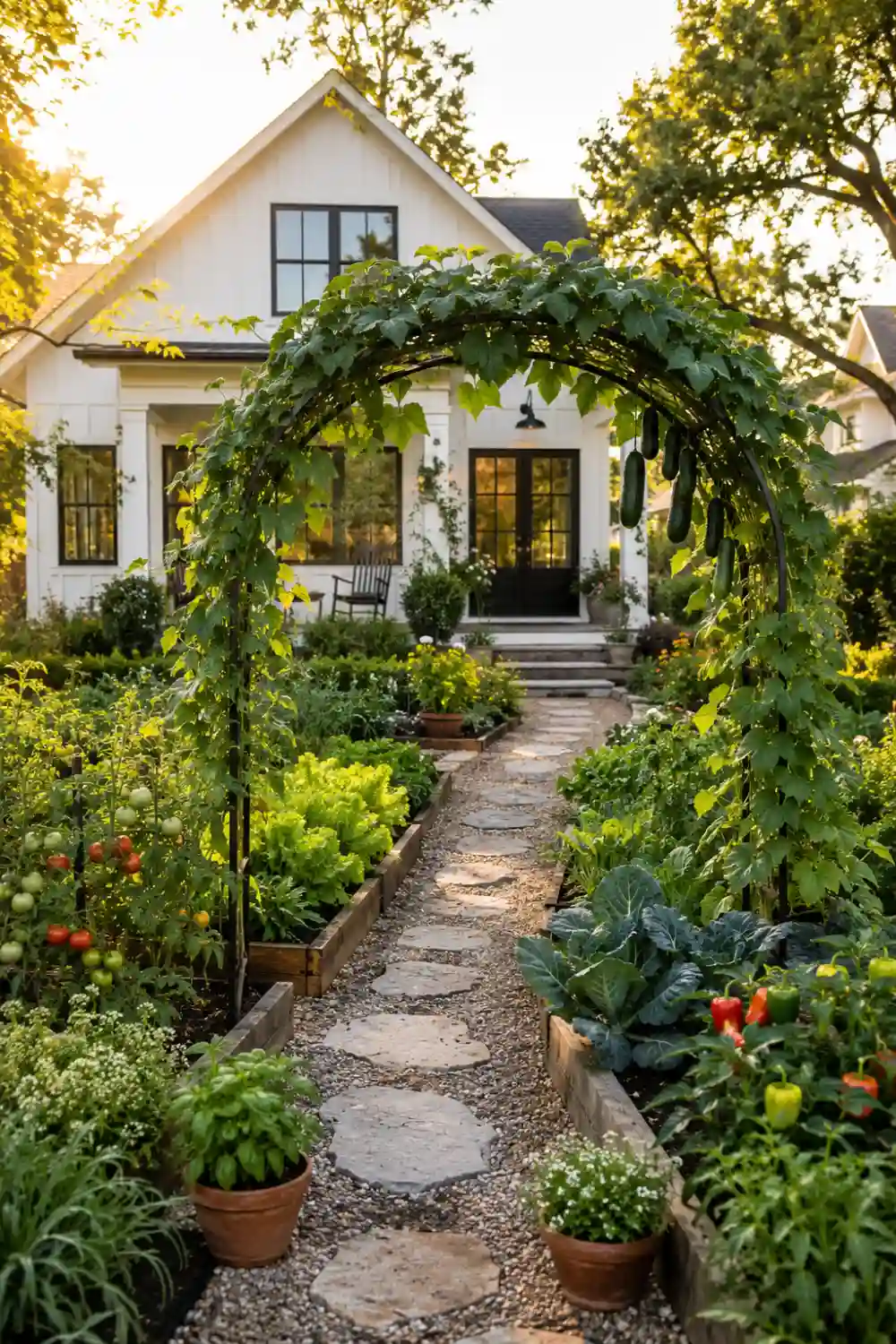 Decorative garden arch covered with climbing cucumbers and vines positioned above a stone pathway leading through raised vegetable beds filled with tomatoes, peppers, lettuce, cabbage, herbs, and lush greenery in a front yard garden.