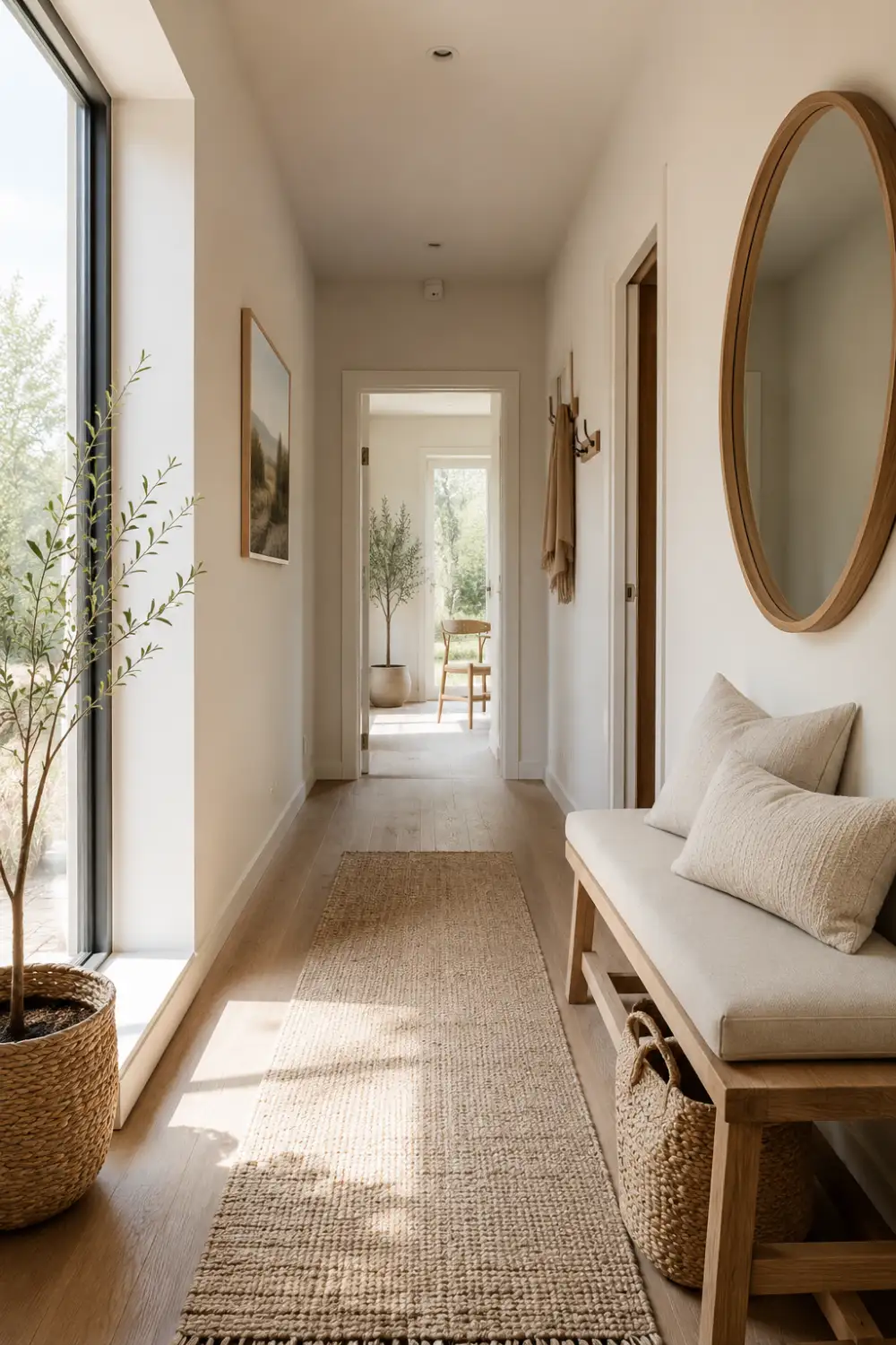 Bright Scandinavian hallway with oversized round mirror, upholstered bench, woven baskets, light wood flooring, soft white walls, indoor greenery, textured rug, and large window flooding the space with natural sunlight.