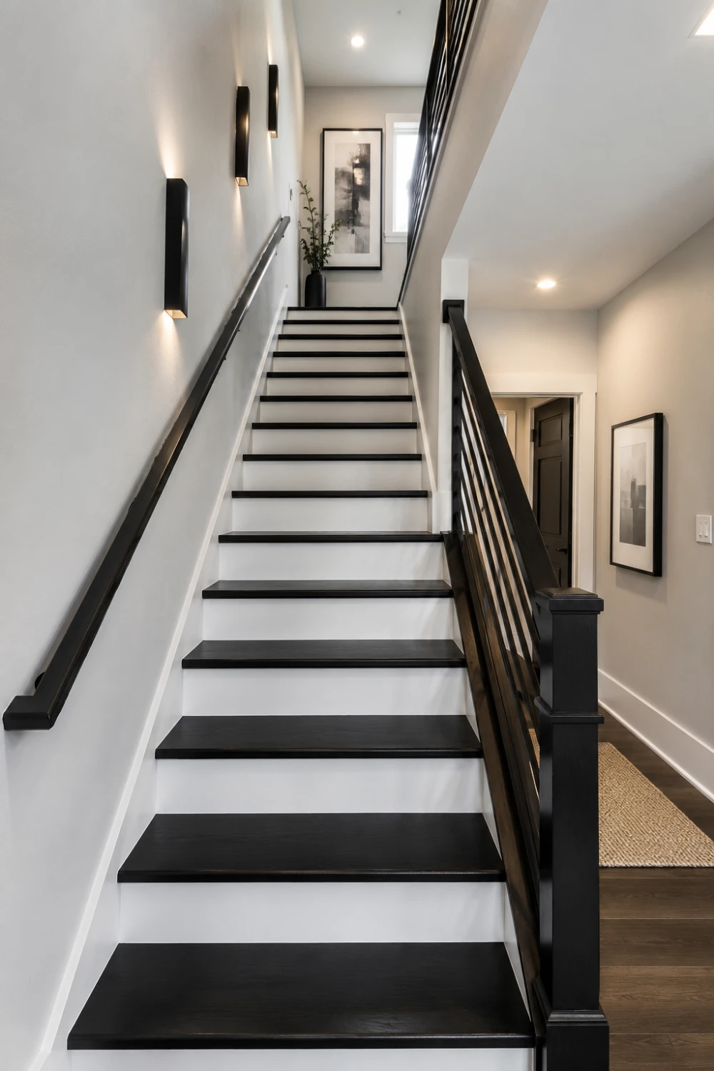 Black and white basement staircase with dark wood treads, white risers, modern railing, wall sconces, and contemporary staircase makeover
