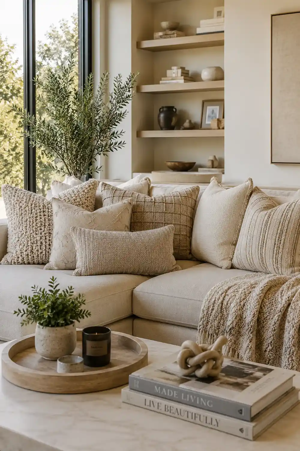 Neutral textured throw pillows arranged on a modern sectional sofa featuring boucle, woven, knit, and embroidered fabrics. Styled with soft blankets, natural greenery, and warm sunlight for a cozy organic modern living room design.