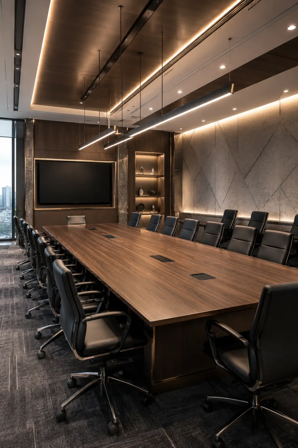 Modern corporate boardroom featuring a large conference table, ergonomic executive chairs, architectural lighting, acoustic wall panels, premium wood finishes, integrated technology, and a professional meeting environment.