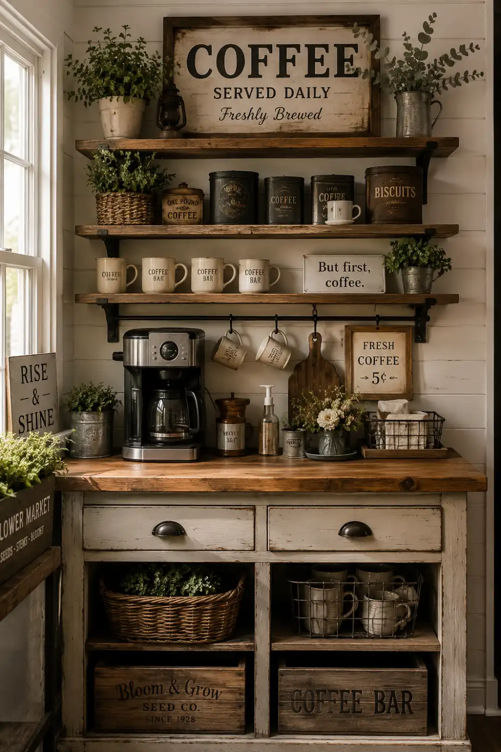 Rustic farmhouse coffee bar featuring reclaimed wood shelves, vintage decor, coffee signs, woven baskets, coffee maker, hanging mugs, greenery, and distressed wood furniture creating a warm and cozy atmosphere.