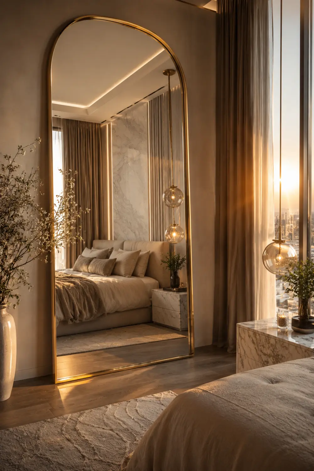 Large gold framed statement mirror in a luxury bedroom with marble accents, elegant pendant lights, neutral bedding, warm natural sunlight, and sophisticated modern decor
