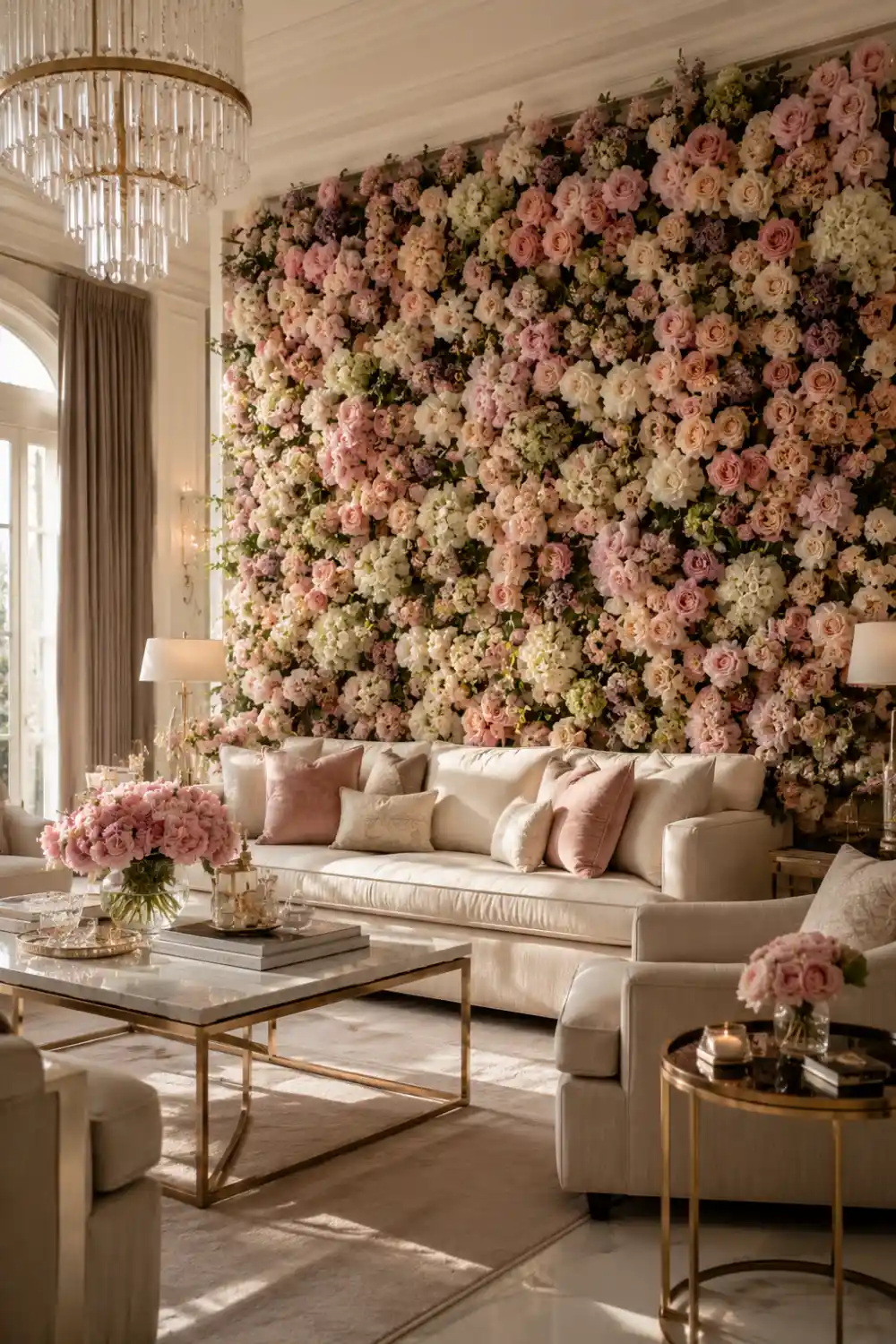 Large flower wall installation covered with blush roses, peonies, hydrangeas, and floral arrangements behind a luxury living room with elegant furniture, soft lighting, and sophisticated decor.