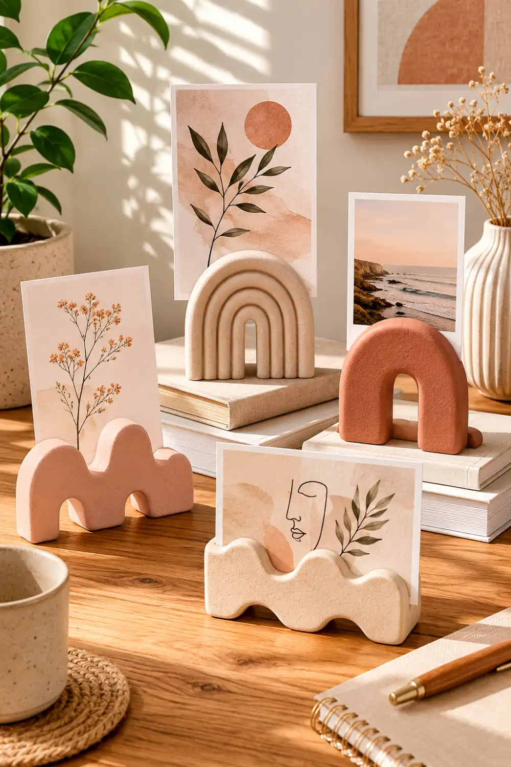 Handmade clay photo holders in modern arch and abstract shapes displaying aesthetic art prints and postcards on a wooden desk with books, plants, and warm natural sunlight.