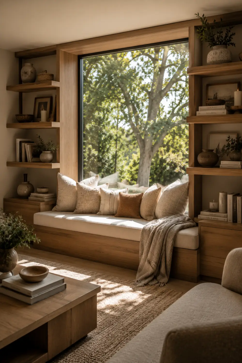 Built in window seat surrounded by custom shelving, decorative books, candles, pottery, neutral pillows, and warm wood accents. Cozy reading nook with organized storage and beautiful natural light creating an inviting home retreat.