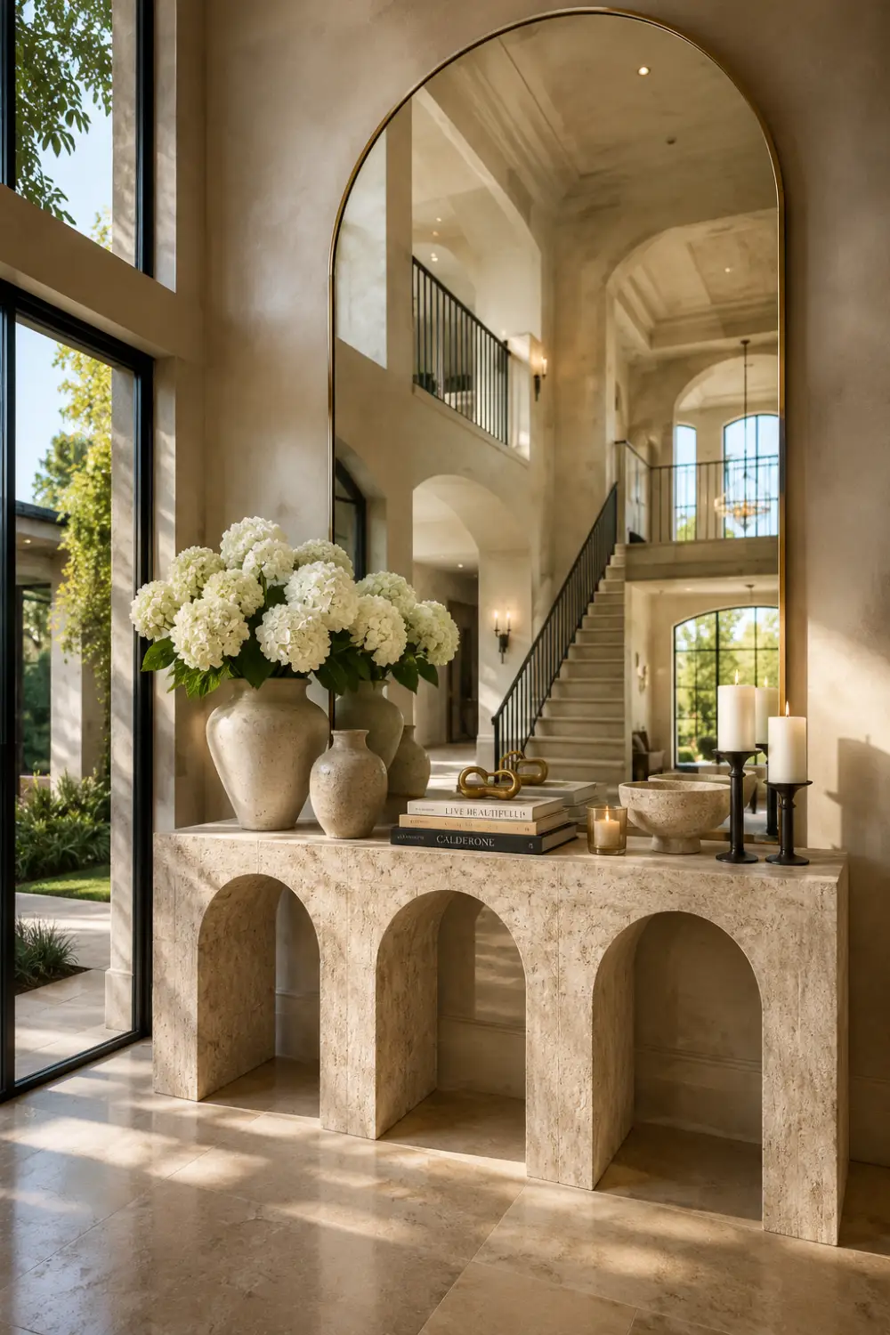 Luxury travertine arch console table with natural stone texture, oversized mirror, hydrangea arrangements, candles, decorative bowls, and designer styling in a bright modern foyer.