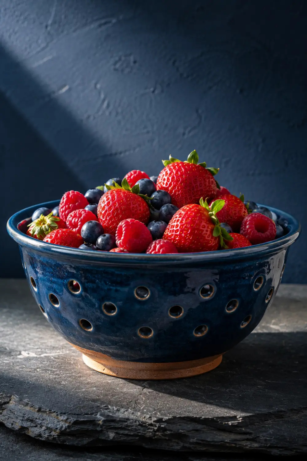 Blue glazed ceramic berry bowl filled with strawberries, raspberries, and blueberries. Functional handmade pottery decor perfect for kitchen styling, dining table decor, fruit display ideas, and artisan ceramic collections.