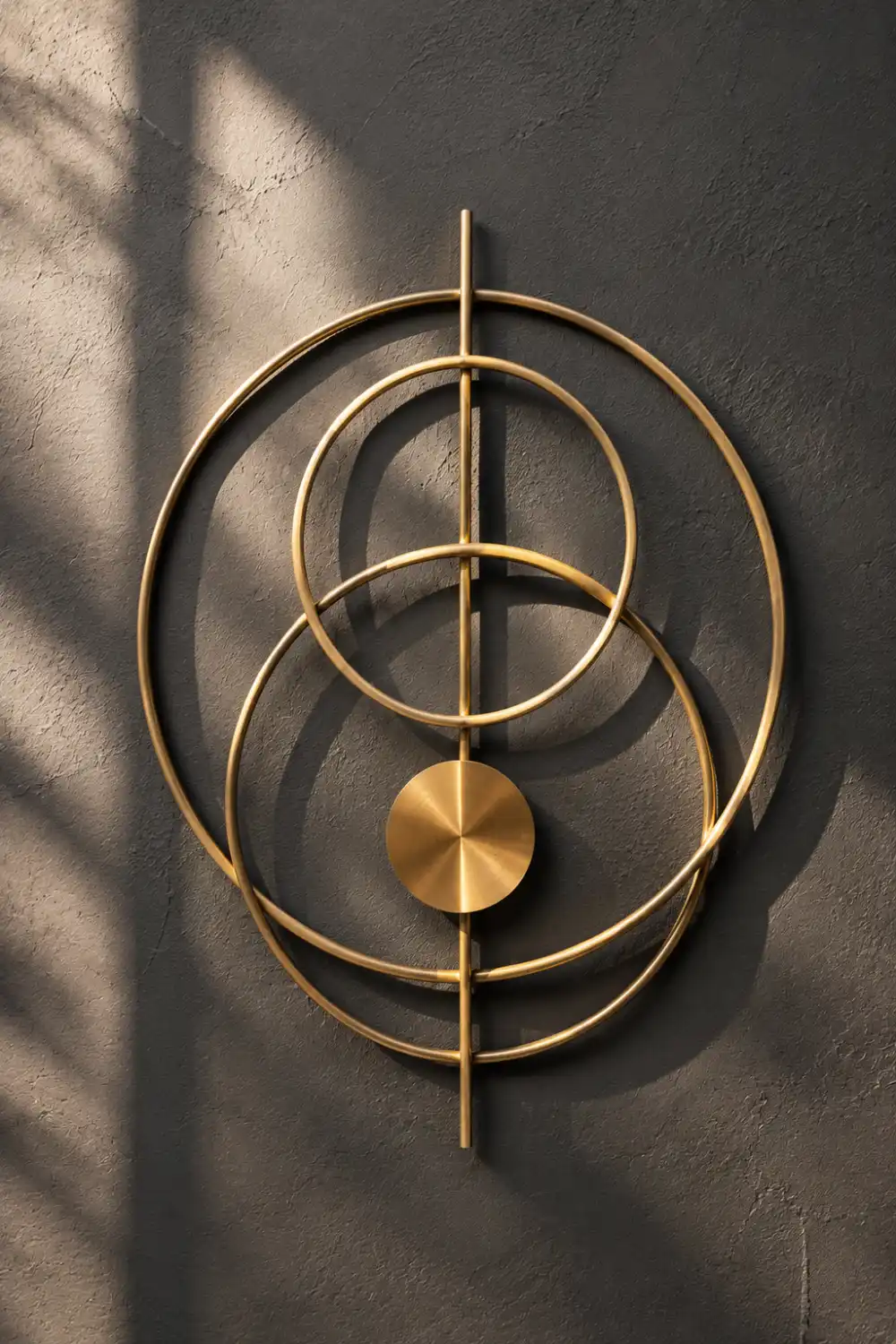 Modern geometric gold wall art featuring circular metal rings mounted on a textured wall in a luxury contemporary home interior