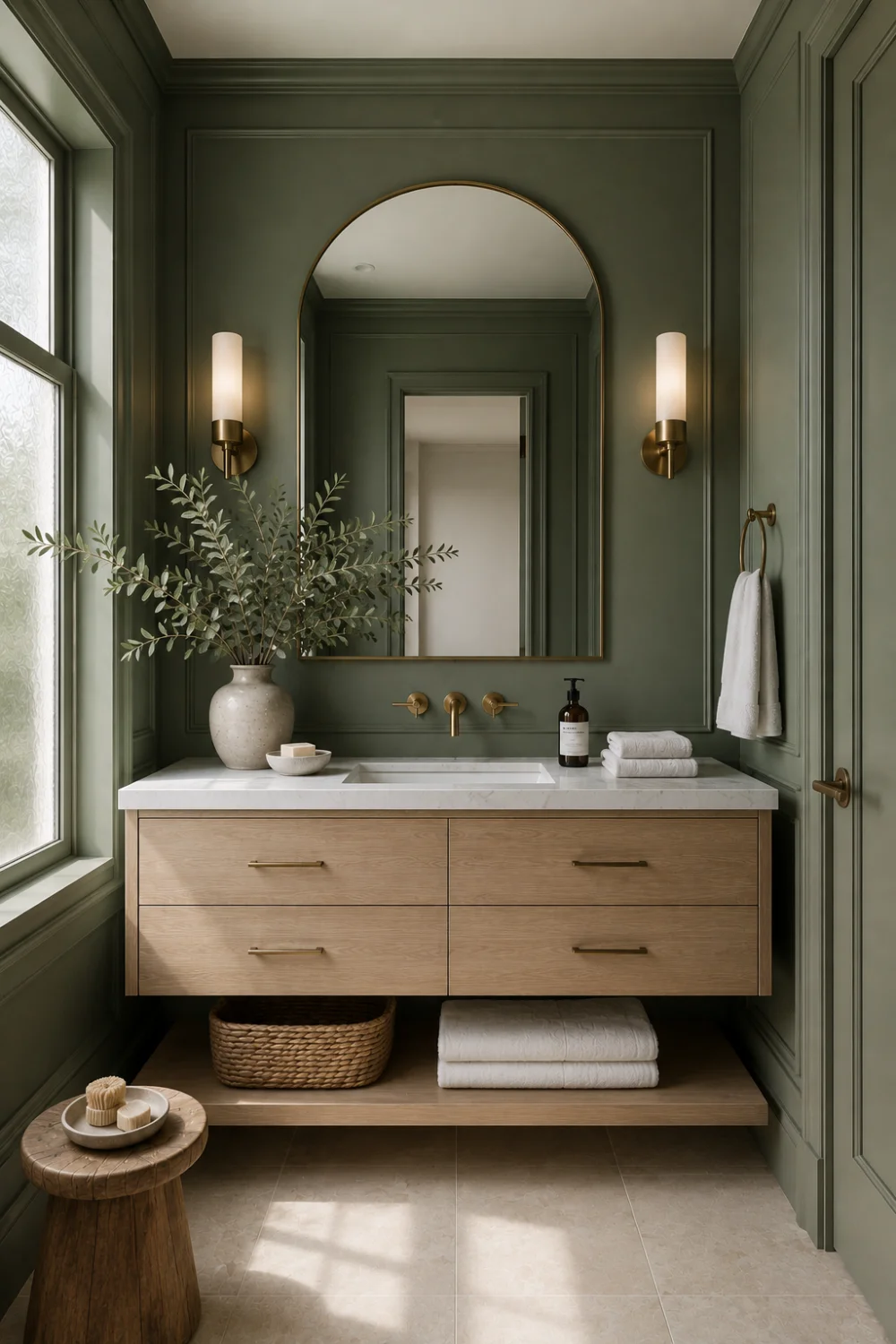 Eucalyptus green bathroom paint color with decorative wall molding, light wood vanity, brass hardware, large arched mirror, and luxury bathroom interior