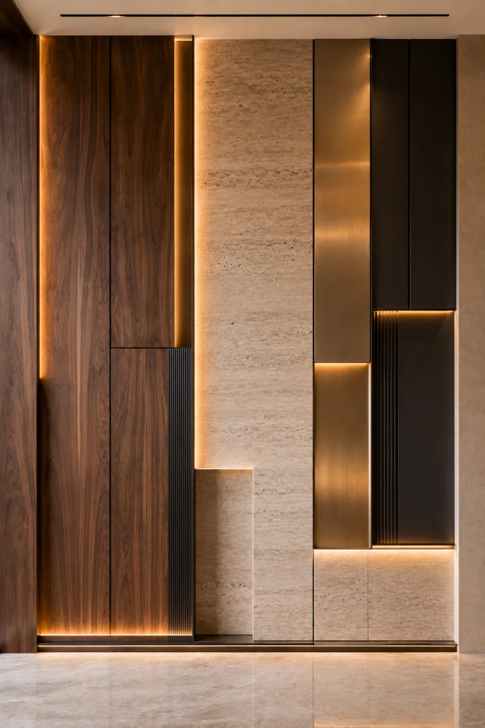 Modern mixed material accent wall featuring walnut wood panels, natural stone, metal accents, integrated LED lighting, luxury architectural feature wall, designer home interior inspiration.
