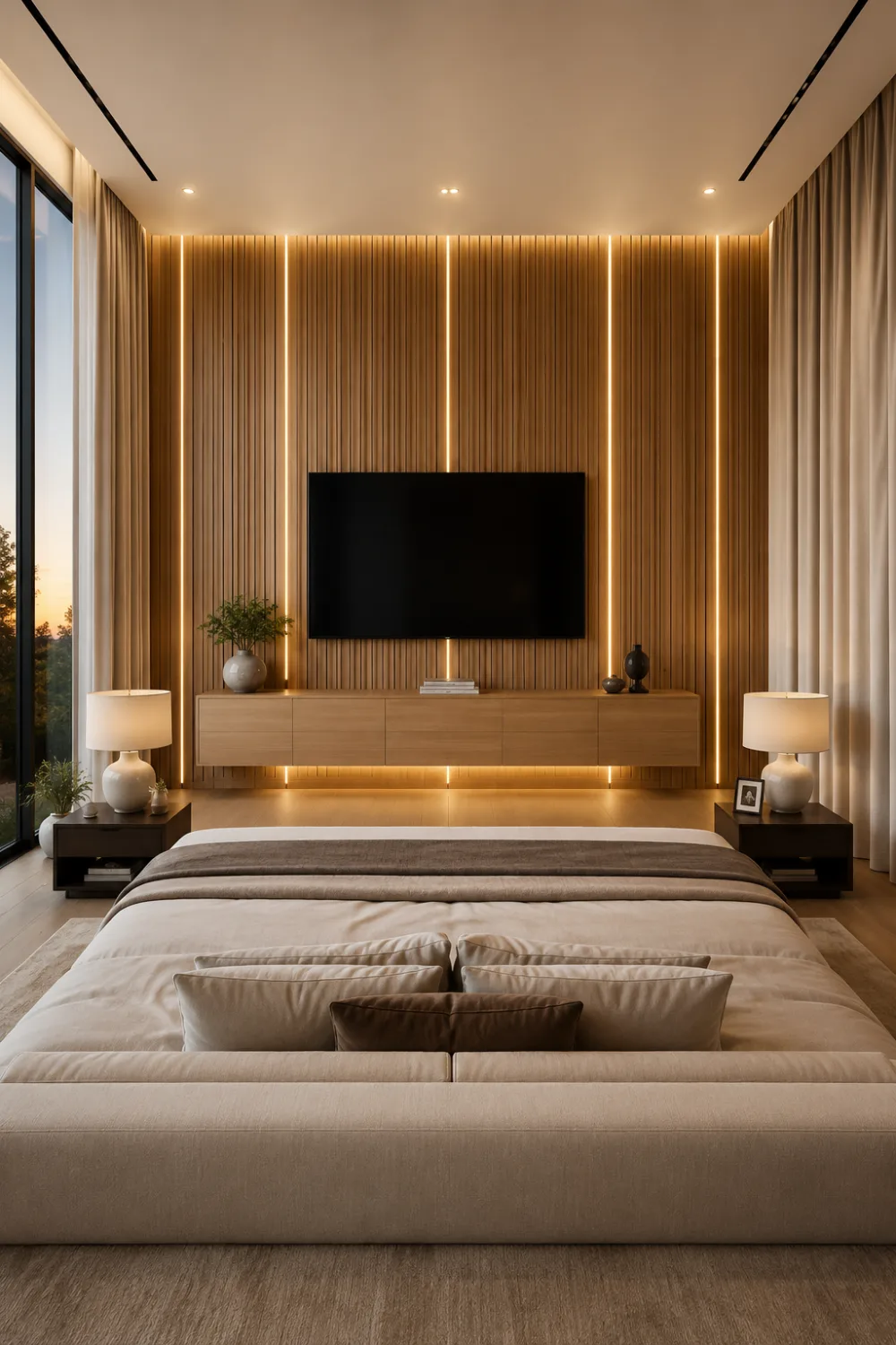 Fluted oak bedroom TV wall with vertical LED lighting, floating entertainment unit, warm wood textures, modern bedroom design, luxury TV feature wall, elegant interior styling, and contemporary decor inspiration.