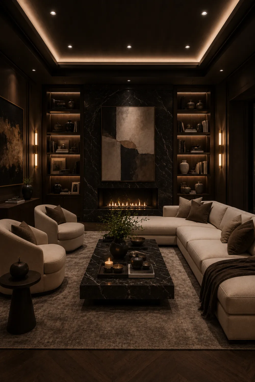 Dark Espresso Brown living room with deep brown walls, cream seating, black marble coffee table, fireplace, built in shelves, warm lighting, and luxury contemporary interior design.
