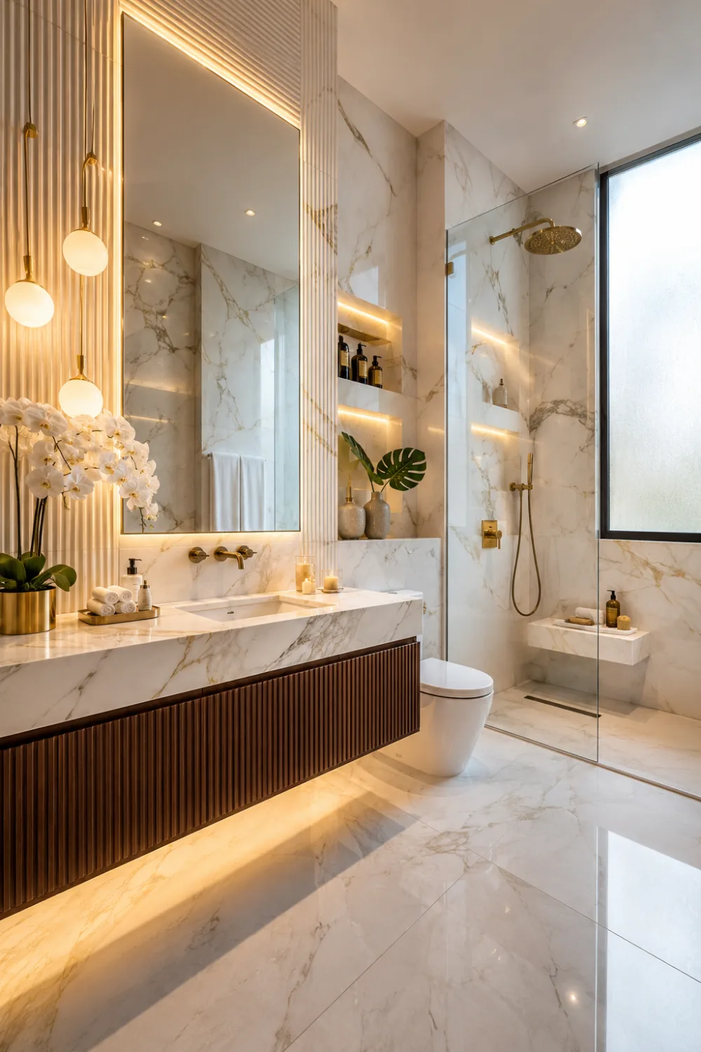 Luxury fluted marble bathroom featuring polished white marble walls with soft gray veining, dramatic fluted marble feature wall, floating walnut vanity with a white quartz countertop, oversized backlit LED mirror, brushed brass fixtures, frameless glass walk in shower, globe pendant lights, fresh orchids, elegant décor, and warm ambient lighting creating a timeless modern luxury bathroom.