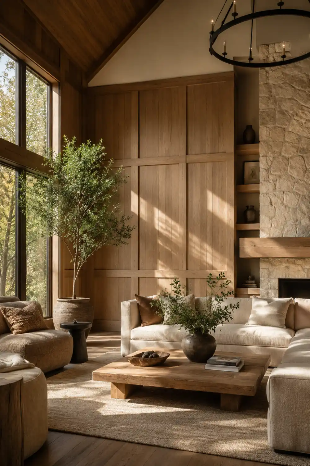 Natural wood wainscoting in a luxury living room featuring rich wood wall panels, stone fireplace, large windows, neutral furnishings, organic textures, and warm contemporary interior design.