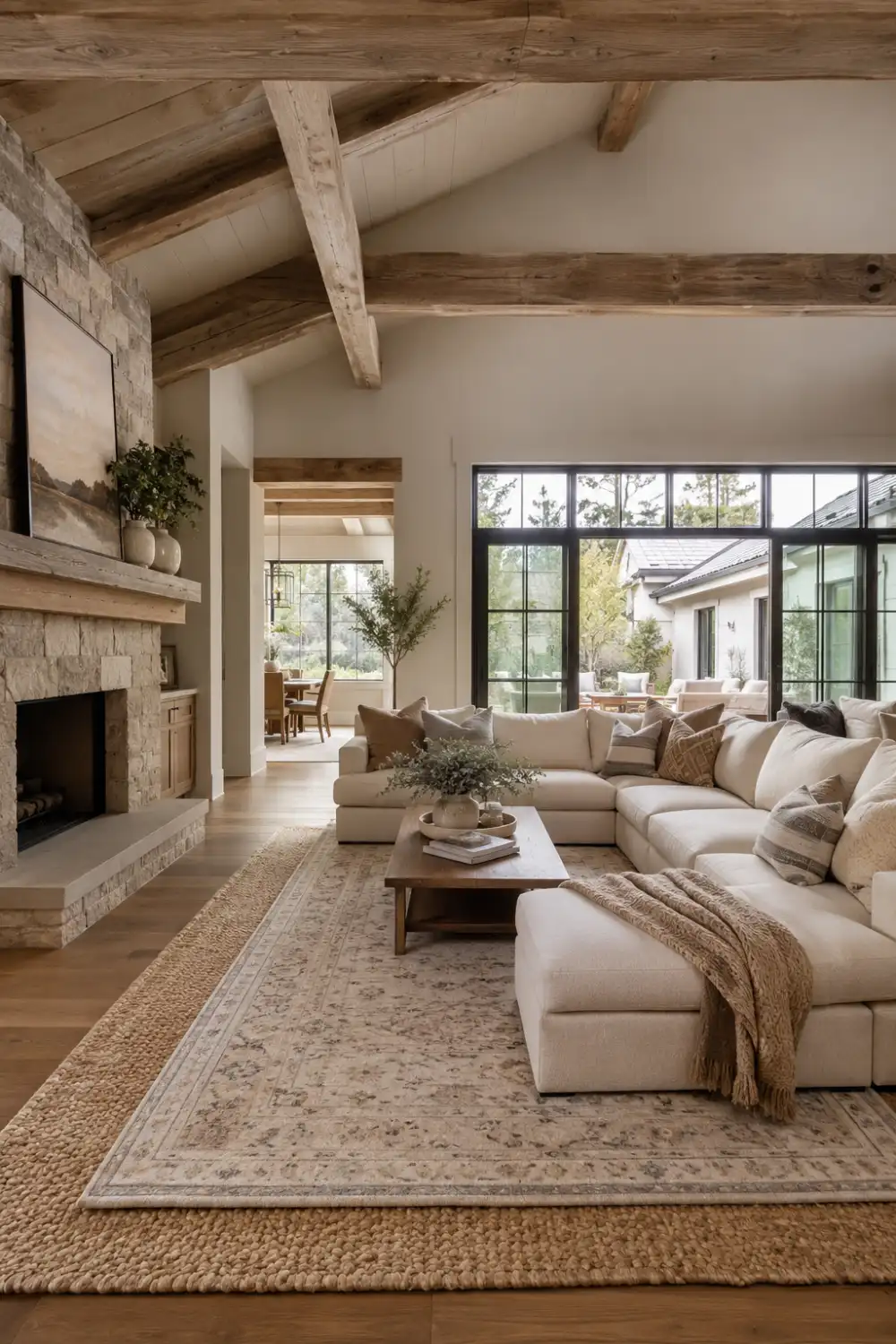 Layered living room rugs featuring a large woven jute rug underneath a patterned area rug, cream sectional sofa, wood coffee table, stone fireplace, and warm neutral decor throughout the space.