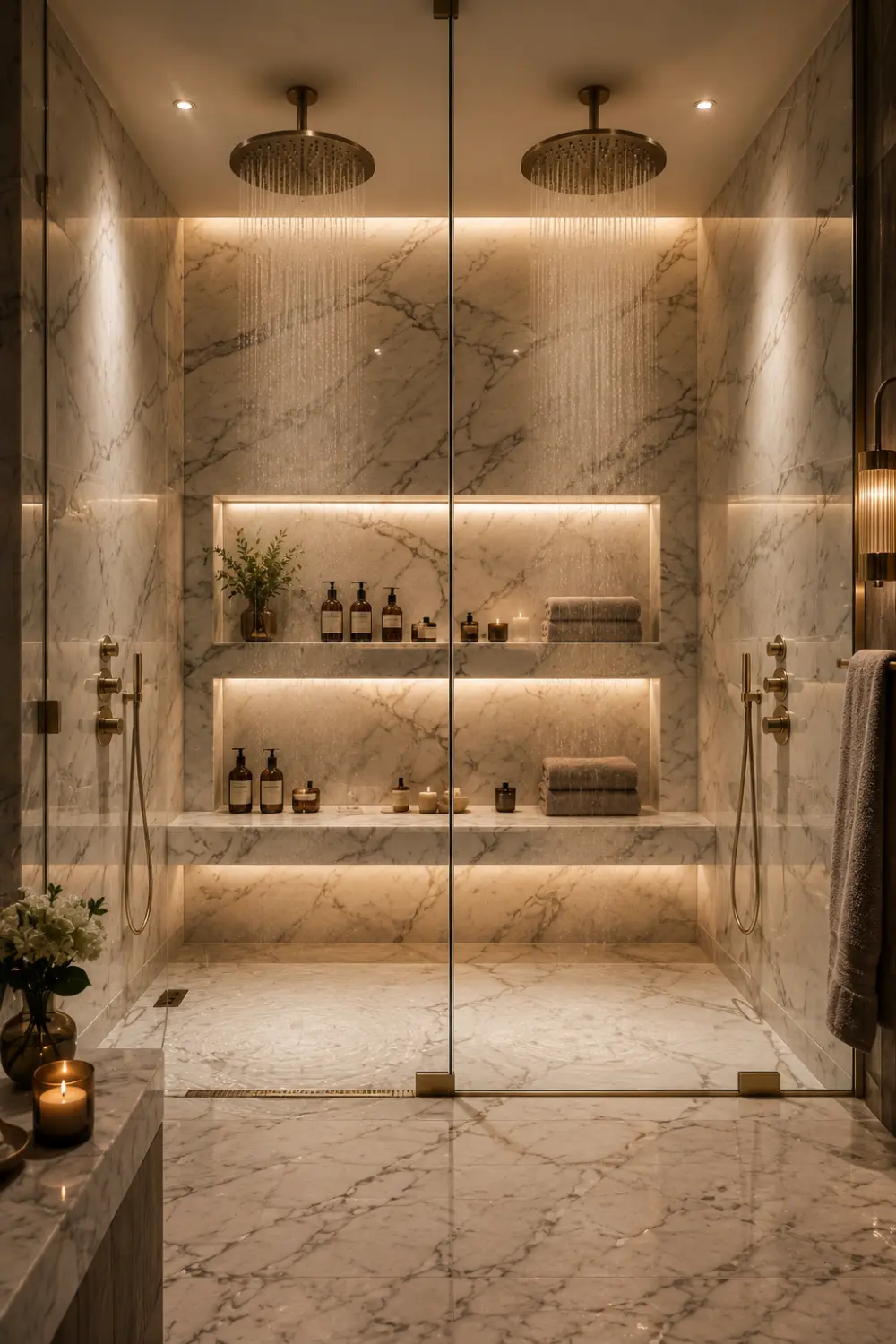 Double rainfall couple's shower with marble walls, illuminated niches, built-in bench, frameless glass enclosure, and luxury spa bathroom design.