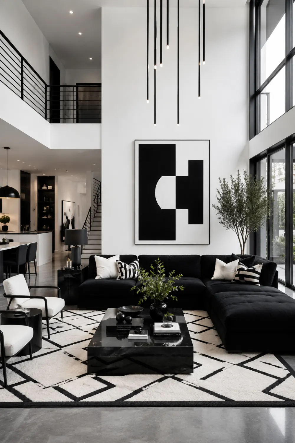 High-contrast modern living room with black sectional sofa, geometric rug, abstract artwork, pendant lights, and monochrome decor.