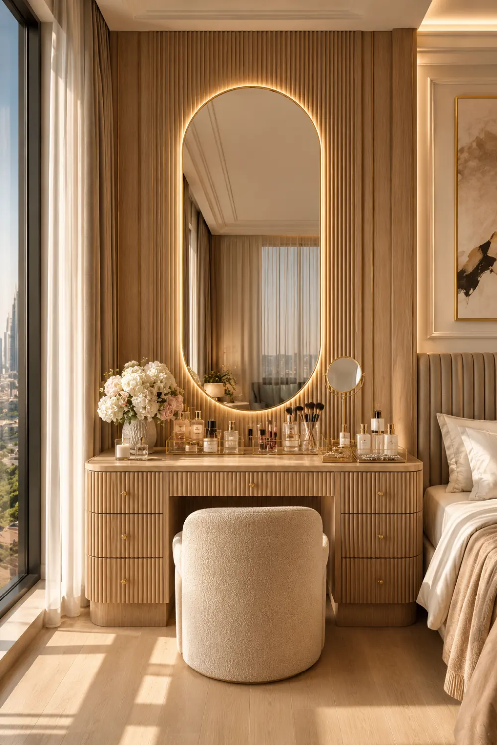 Fluted wood dressing table with arched LED mirror, natural wood finish, makeup organization, luxury skincare products, bouclé chair, decorative accessories, and bright modern bedroom interior