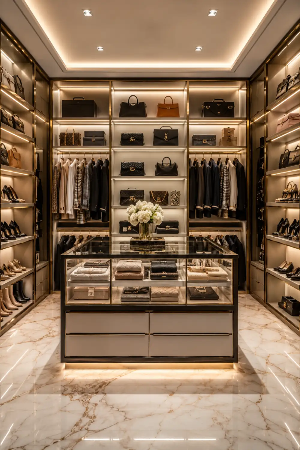 Boutique-style walk-in wardrobe with glass display island, illuminated shelving, luxury handbags, shoe storage, marble flooring, and custom organization systems.