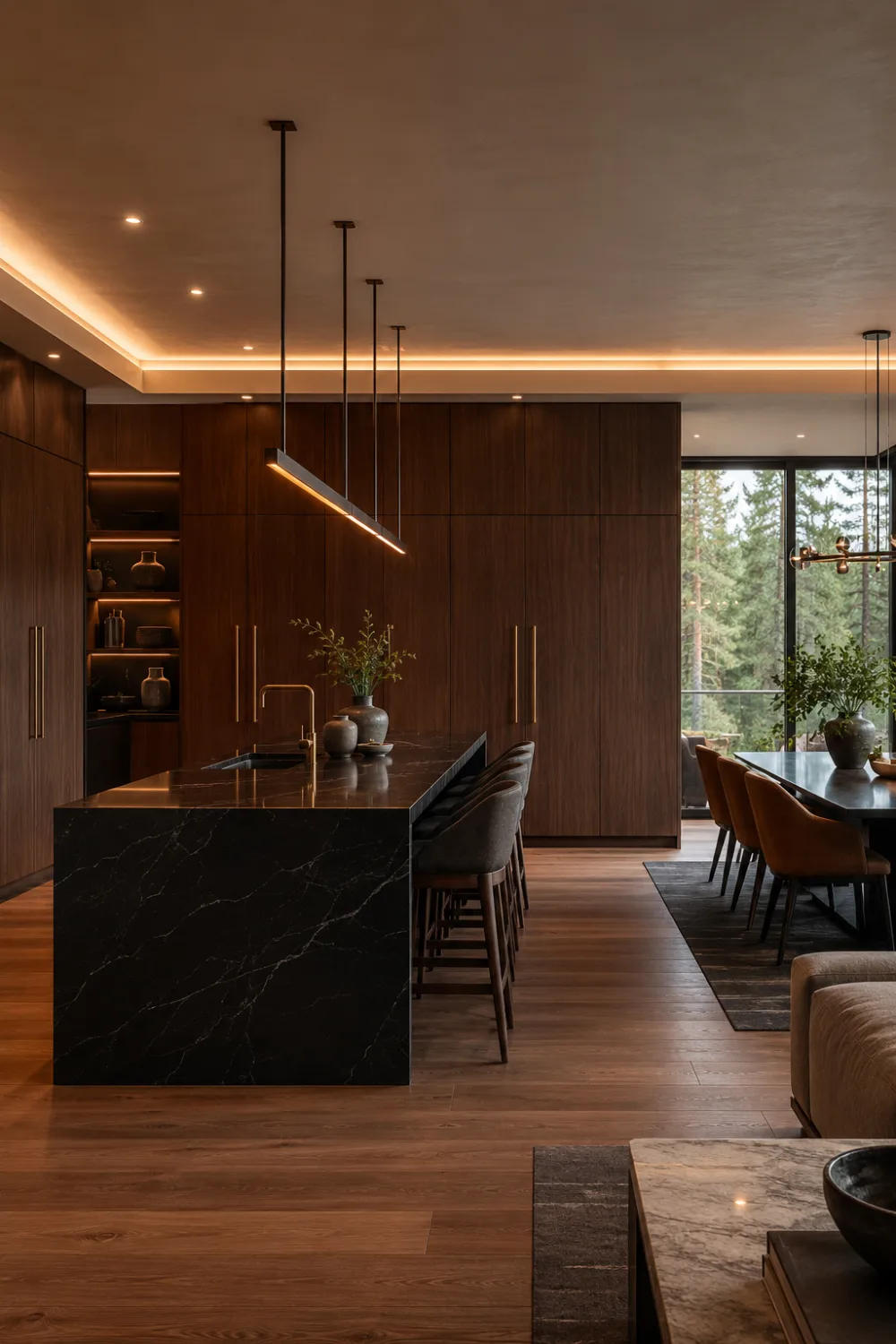 Sophisticated hidden pantry wall kitchen with floor-to-ceiling walnut cabinetry, concealed storage, black stone waterfall island, integrated appliances, ambient lighting, luxury dining area, and modern open concept architecture.