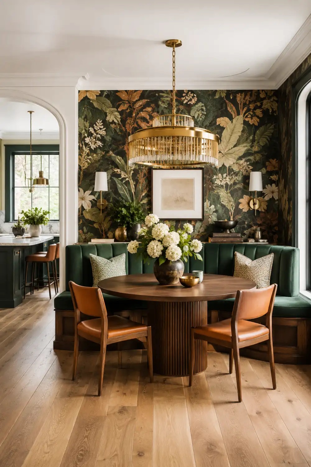 Statement wallpaper breakfast nook with botanical wall mural, emerald green banquette seating, round wood dining table, gold chandelier, designer decor accents, and luxury dining corner styling.