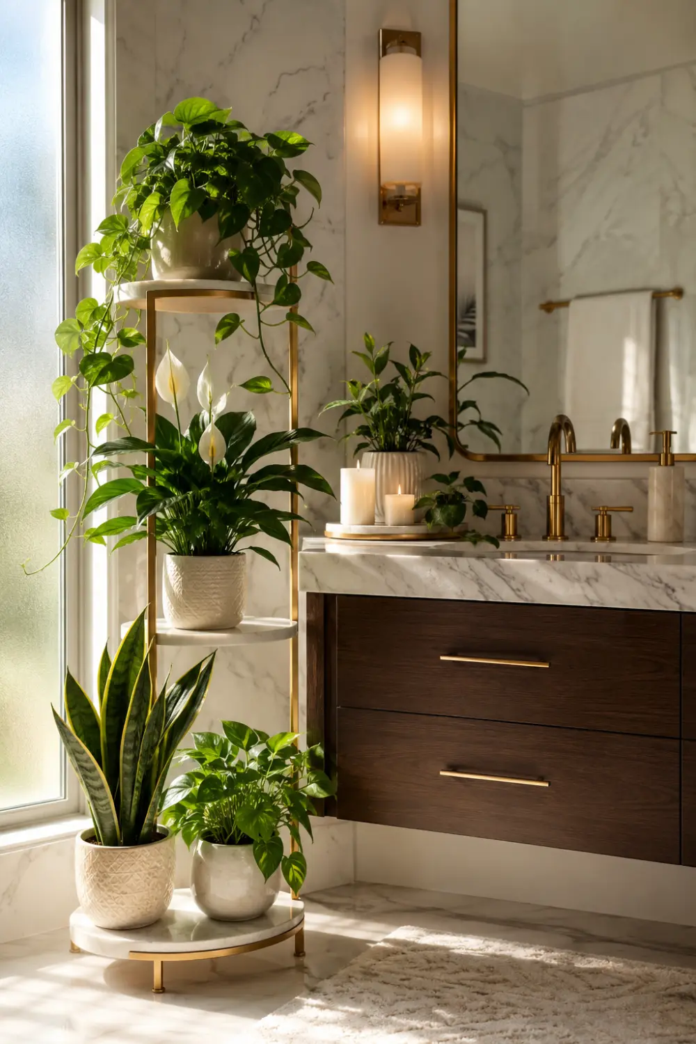 Elegant bathroom plant stand beside a marble vanity displaying pothos, peace lilies, snake plants, candles, gold accents, and luxury bathroom decor