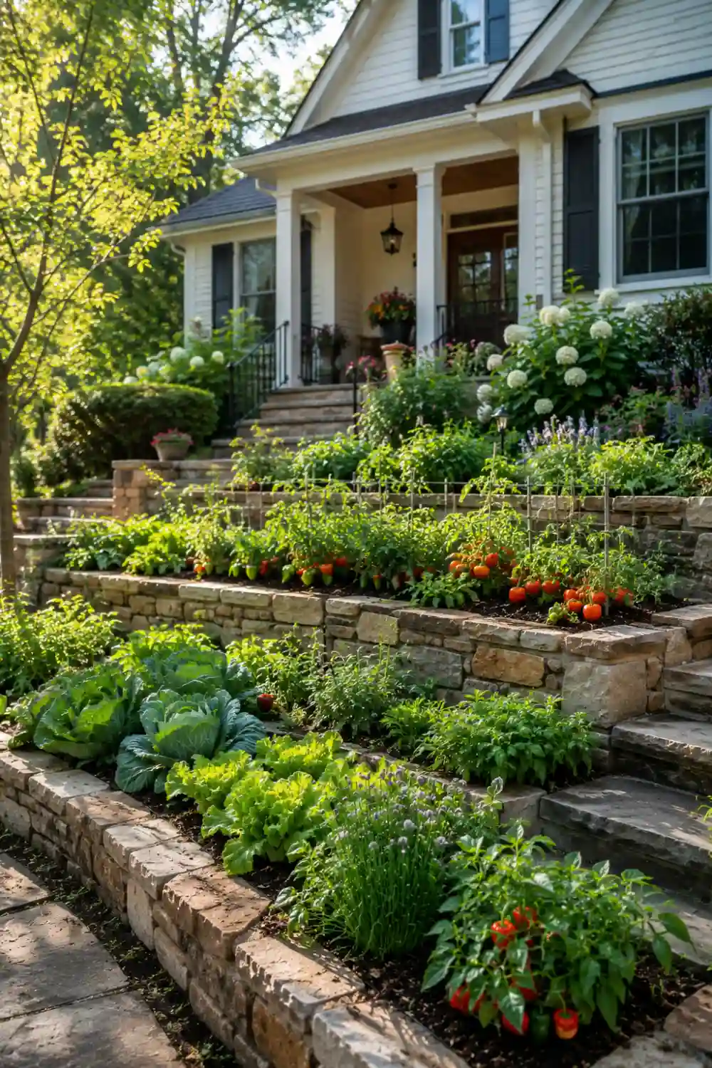 Tiered front yard vegetable garden built on a gentle slope with stone retaining walls, multiple planting levels, tomatoes, lettuce, peppers, herbs, cabbage, and colorful vegetables creating a layered landscape in front of a beautiful home.