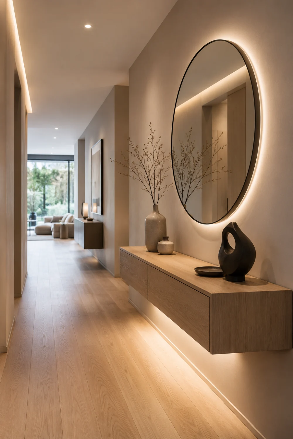 Floating wood console hallway with hidden LED lighting, oversized round mirror, ceramic decorative accents, seamless oak flooring, beige walls, modern minimalist styling, and warm ambient lighting creating a luxurious contemporary interior.