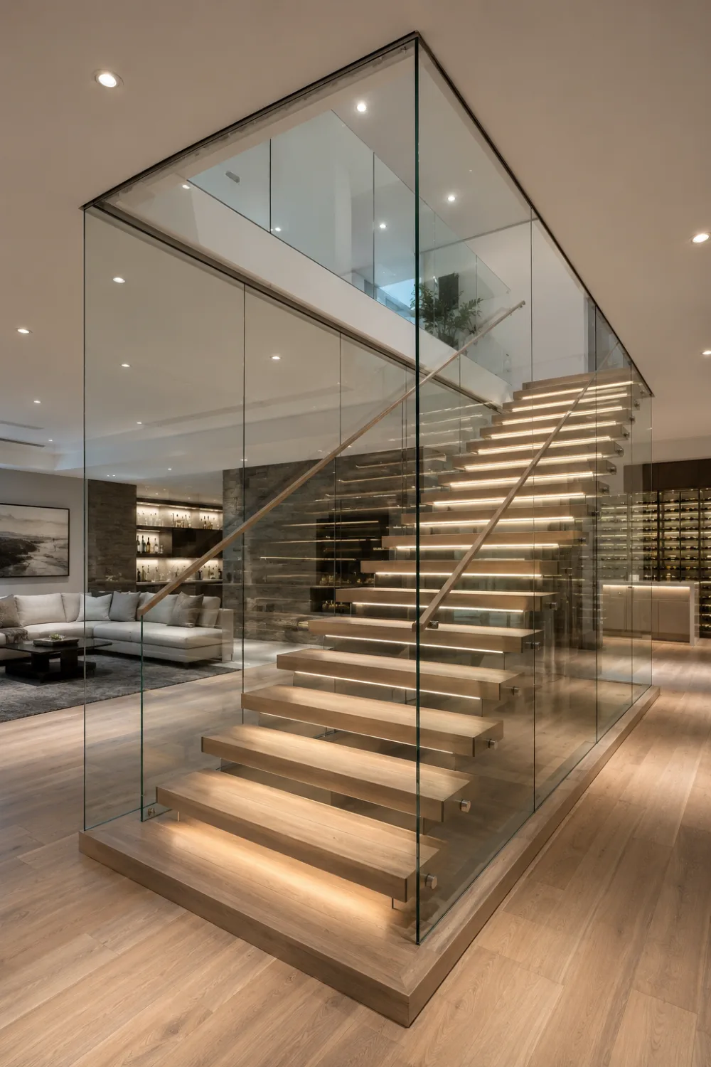Luxury glass railing basement staircase with floating wood steps, integrated LED lighting, frameless glass panels, and modern open-concept design