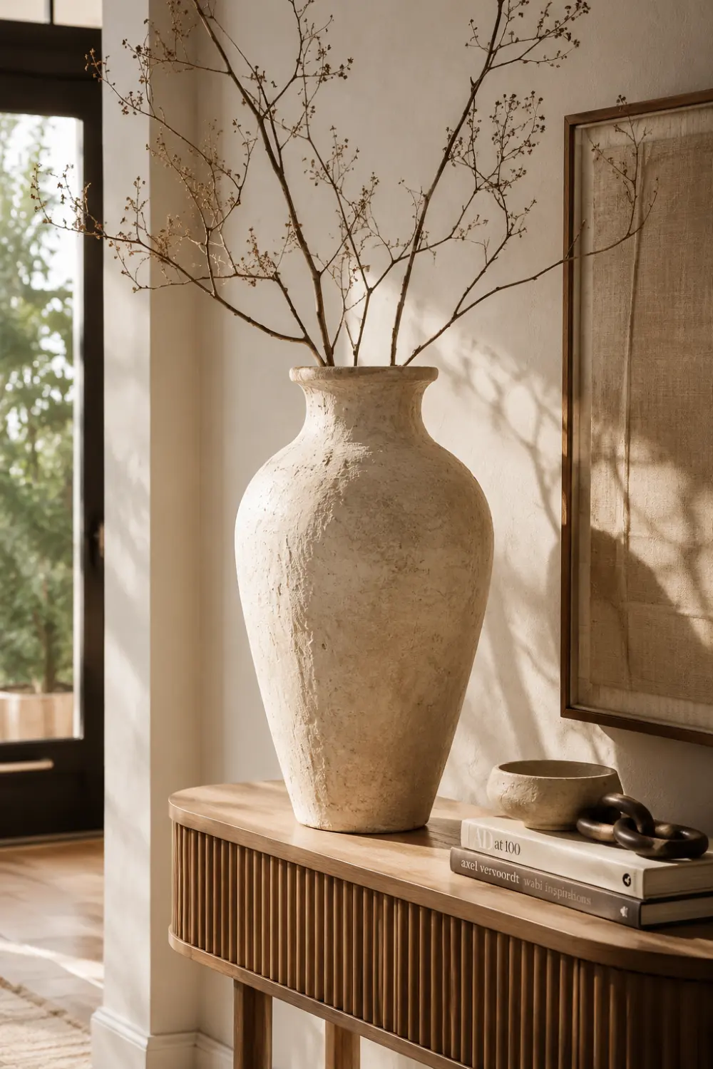 Large artisan handmade ceramic vase with a textured finish displayed on a fluted wood console table. Styled with decorative branches, neutral decor accessories, and warm natural lighting in an elegant organic modern entryway.
