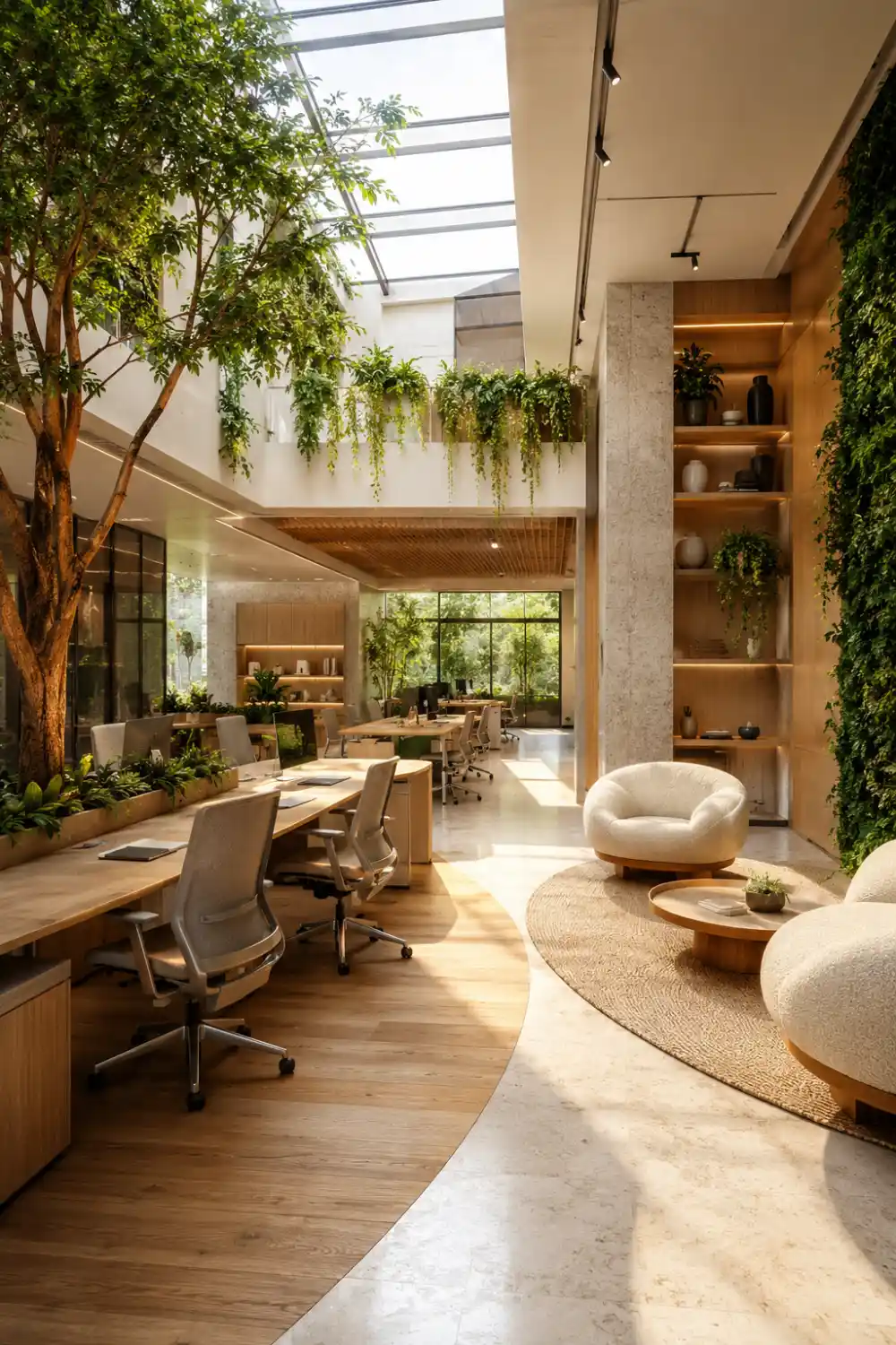Biophilic office interior with indoor trees, living green walls, skylight ceiling, natural wood workstations, organic textures, lounge seating, and wellness-focused workspace design filled with natural light.